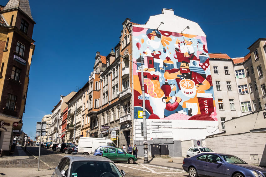 Poznańskie Koziołki na muralu z okazji urodzin COSTA COFEE